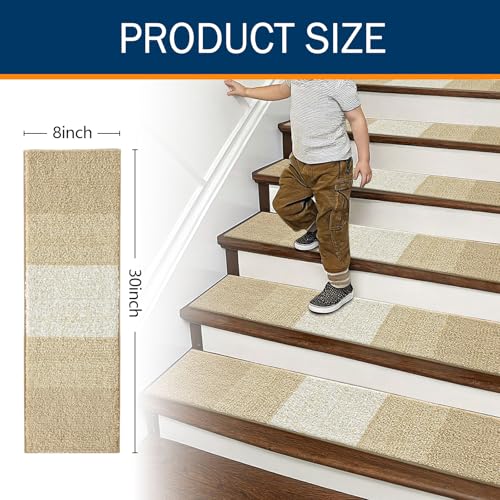 OLANLY Stair Treads Non Slip 15PCS, 8" x 30" Indoor Stair Runners for Wooden Steps, Edging Stair Rugs with Reusable Peel and Stick Adhesive for Kids Elders and Pets, Beige - color: Beige