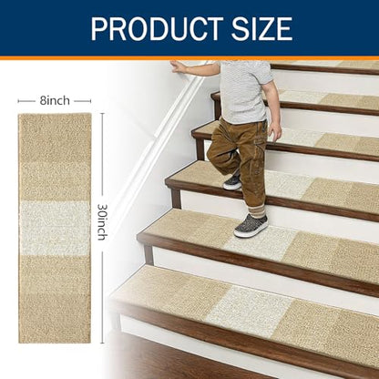 OLANLY Stair Treads Non Slip 15PCS, 8" x 30" Indoor Stair Runners for Wooden Steps, Edging Stair Rugs with Reusable Peel and Stick Adhesive for Kids Elders and Pets, Beige - color: Beige