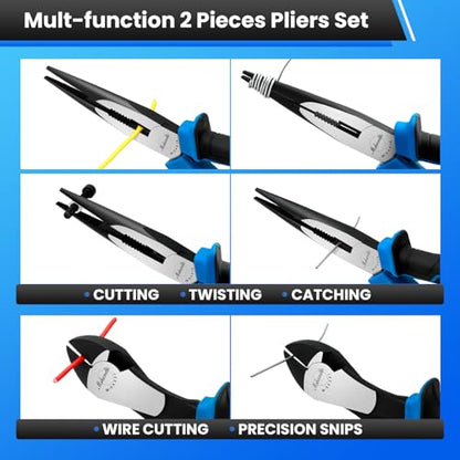 2 Pieces Plier Set, Including 8" Needle Nose Pliers and 7" Diagonal Cutting Pliers, Premium High Carbon Steel Construction for Plumbing, and General Applications Multi-use Tools Set - size: 2 Pcs