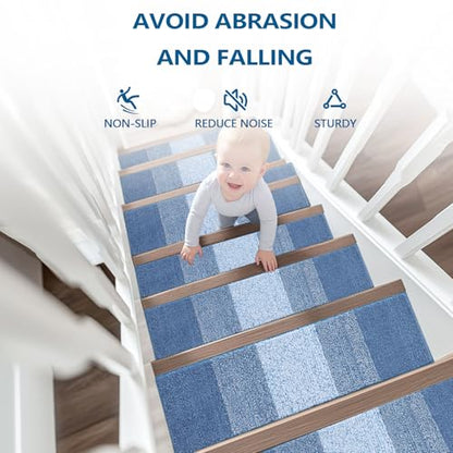 OLANLY Stair Treads Non Slip 15PCS, 8" x 30" Indoor Stair Runners for Wooden Steps, Edging Stair Rugs with Reusable Peel and Stick Adhesive for Kids Elders and Pets, Light Blue - color: Light Blue