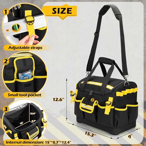 15-Inch Tool Organizer Bag with Hard Base, Heavy Duty Tool Box for Men, Tactical Electrical Work Bag for Electrician, Craftsman, Black