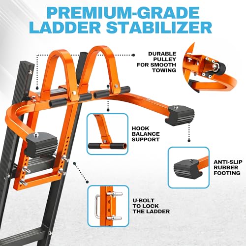 2-in-1 Heavy Duty Ladder Stabilizer with Roof Hooks, 500 LBS Steel Standoff, Non-Slip Rubber Feet for Gutter Cleaning, Roof Work & Walls | Fits Extension, Straight & Telescoping Ladders - color: Ladder Stabilizer With Hooks