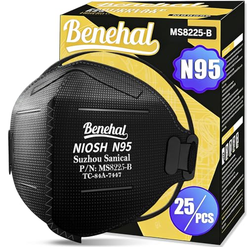 benehal NIOSH Approved N95 Face Masks Particulate Respirators, Pack of 25 N95 Masks, Individually Wrapped, Black - color: Black, size: 25 Count (Pack of 1)