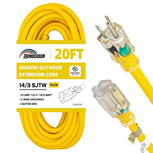 Indoor Outdoor Extension Cord Weatherproof with Lighted End, UL Certified, 14 Gauge 20FT Yellow 3 Prong Heavy Duty, 14/3 SJTW 15A Power Cord for Outdoor Lights, Lawn - size: 20FT, style: 14/3