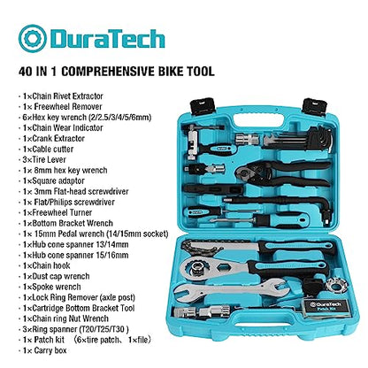 DURATECH 40 Pieces Bike Repair Kit, Complete Bicycle Tool Kit with Storage Case, Bike Tools for Mountain & Road Bikes – Chain, Tire, Brake, and Pedal Maintenance Set, Great Gift for Men, Women - size: 40 PC
