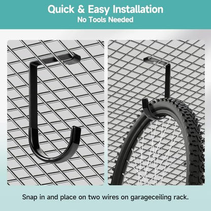 2 Pack Bike Hooks for Garage Ceiling Mount Rack- Anti-Slip Coating,Heavy Duty 4X8 Overhead Garage Storage Rack for Ceiling Hanging Bicycle Shelves, Add on Storage Flat Hooks Accessory and Wall Hanger