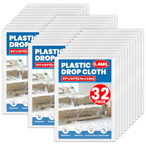 32 Pack Plastic Drop Cloth, 9 x 12 Feet Plastic Sheeting, Painter's Sheeting & Tarps for Painting, Dustproof Painters Plastics Tarp for Furniture Cover - color: 32p