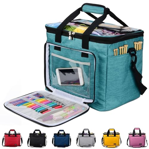 Hoshin Knitting Bag for Yarn Storage, High Capacity Yarn Totes Organizer with Inner Divider Portable for Carrying Project, Knitting Needles(up to 14”), Crochet Hooks, Skeins of Yarn (Green) - color: Green