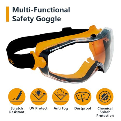 POWERTEC Safety Goggles Over Glasses, Scratch Proof UV Protection Anti-fog Safety Goggles, Chemical Splash Protective Eyewear W/Adjustable Headband for Woodworking, Mowing, Construction (71563) - style: Safety Goggle