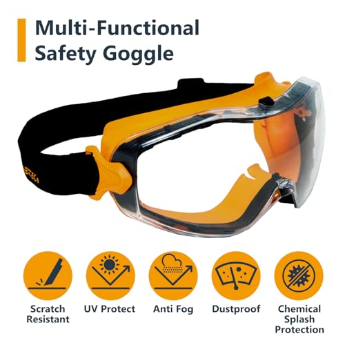 POWERTEC 72227 Safety Goggles Over Glasses & Knee Pads, Scratch Proof UV Protection Anti-fog & Knee Pads w/Thigh Straps Shell Soft Foam & Thick Gel Cushion, Woodworking, Construction, Flooring - style: Safety Goggles + Gel Knee Pad