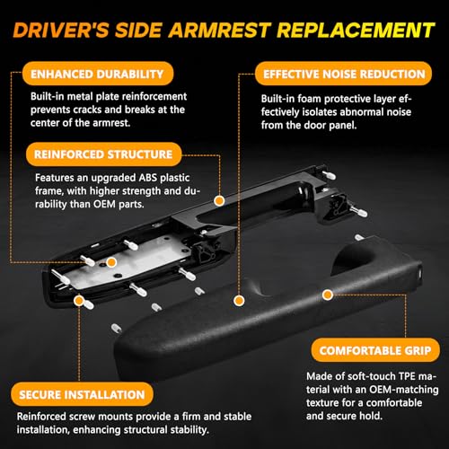 22818465 Front Left Driver Side Armrest Repair Kit Compatible with 2010-2014 Chevy Silverado and GMC Sierra 1500 2500HD 3500HD, Replaces for Door Release Handle Below Vertical Armrest, Black