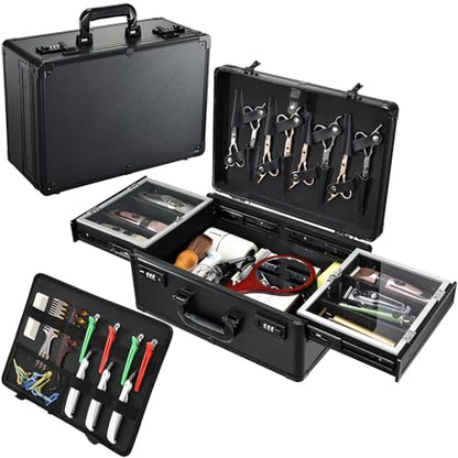 Yueieoun Barber Case 6 Clippers Sliding Tray, Profesional Barbers Briefcase Tool Case, Barber Cases for Clippers and Supplies, Hair Scissors Trimmer Organizer, Salon Hair Grooming Hard Travel Suitcase - color: Black Sliding Trays