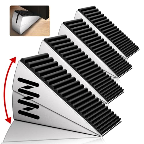 4 Pack Heavy Duty Metal Door Stop, Strongest Large Adjustable Spring Door Stopper Up to 3 inch Tall, Door Stoppers for Bottom of Door, Silver Rubber Door Wedge for Any Heavy Doors - color: Silver-four