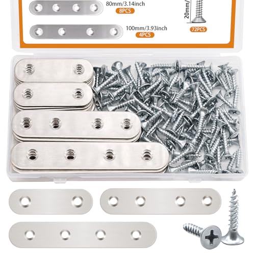 mankk 96PCS Flat Metal Brackets Mending Plate Stainless Steel Flat Straight Brace Brackets Fixed Connecting Plate for Wood Repair Fixing M-G045 - color: Silver-50/80/100mm