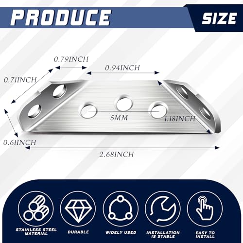 Yaocom 50 Pcs Universal Stainless Steel Furniture Corner Connectors with Screws Heavy Duty Triangular Support Brackets for Wood Furniture, Drawers, Cabinets, Tables, and Chairs