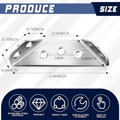 Yaocom 50 Pcs Universal Stainless Steel Furniture Corner Connectors with Screws Heavy Duty Triangular Support Brackets for Wood Furniture, Drawers, Cabinets, Tables, and Chairs