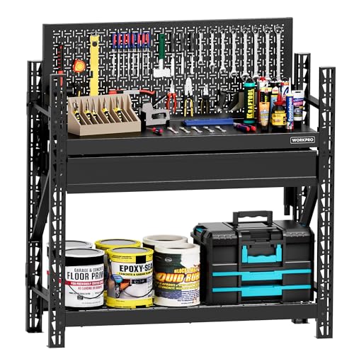 WORKPRO 50" Heavy Duty Steel Workbench with Pegboard & Drawer, 3180lbs Capacity Garage Workbench, Sturdy Shelves, Tool Storage Work Benches for Garage, Workshop & Woodworking - size: 50 inch