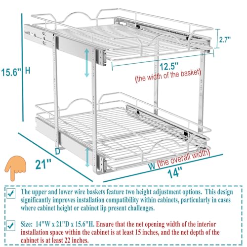 OCG 2 Tier Pull Out Cabinet Organizer (14" W x 21" D), Pull Out Drawers for Kitchen Cabinets, Pull Out Shelves for Base Cabinet Organization in Kitchen Bathroom Pantry, Chrome Finish - size: 14"w X 21"d, 2 Tier