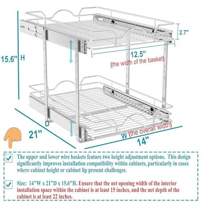 OCG 2 Tier Pull Out Cabinet Organizer (14" W x 21" D), Pull Out Drawers for Kitchen Cabinets, Pull Out Shelves for Base Cabinet Organization in Kitchen Bathroom Pantry, Chrome Finish - size: 14"w X 21"d, 2 Tier