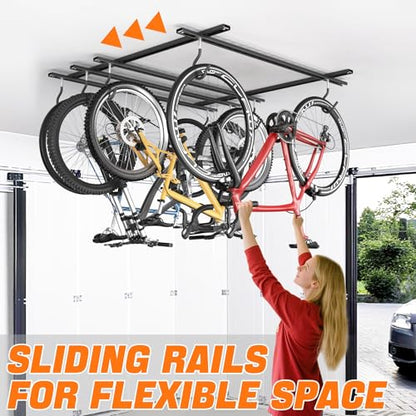 TORACK Ceiling Bike Rack for Garage, Ceiling-Mounted Bicycle Storage Hooks for 4 Bikes (Horizontal) or 8 Bikes (Vertical), Adjustable Overhead Bicycle Hooks for Mountain, Road, and Kids' Bike