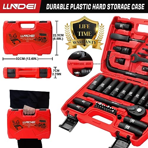 LLNDEI 1/2" Dr. Ratchet Impact Socket Wrench Set,Deep Sockets(8-24mm),Spark Plug Socket(16,21mm),49PCS, CR-V, Metric, With Combination Wrenches (8-17mm) - size: 49-piece 1/2" Drive Socket Set