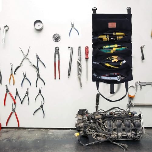 Roll Up Tool Bag, 16OZ Canvas Wrench Roll Up Pouch Multi-Purpose Tool Roll Organize, 5 Zippered Tool Pockets (Black) - color: Black, size: 5 Zipper Pockets