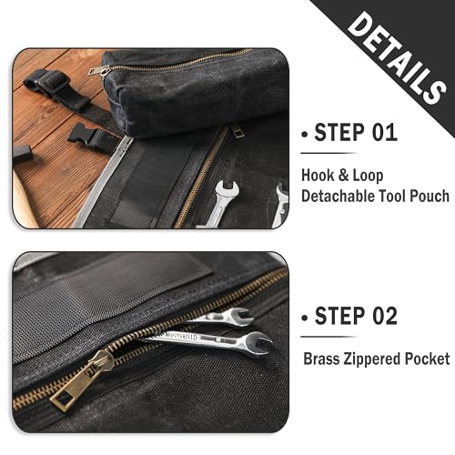 Kaaltisy Roll Up Tool Bag, 16OZ Waxed Canvas Tool Roll Organizer - 26" L x 12.5" W, Regular Wrench Slots + 1 Zipper Pocket + 1 Detachable Bag, Canvas Tool Storage Roll with Buckle for Hand Tool Set - color: Black