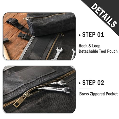 Kaaltisy Roll Up Tool Bag, 16OZ Waxed Canvas Tool Roll Organizer - 26" L x 12.5" W, Regular Wrench Slots + 1 Zipper Pocket + 1 Detachable Bag, Canvas Tool Storage Roll with Buckle for Hand Tool Set - color: Black