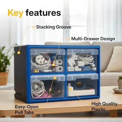 NORTHSKY 9-Bin Small Parts Cabinet, Stackable, Blue, 14.17 × 7.09 × 9.45 in 9 * Blue (4 Drawer & Clear) - size: 4 Drawer