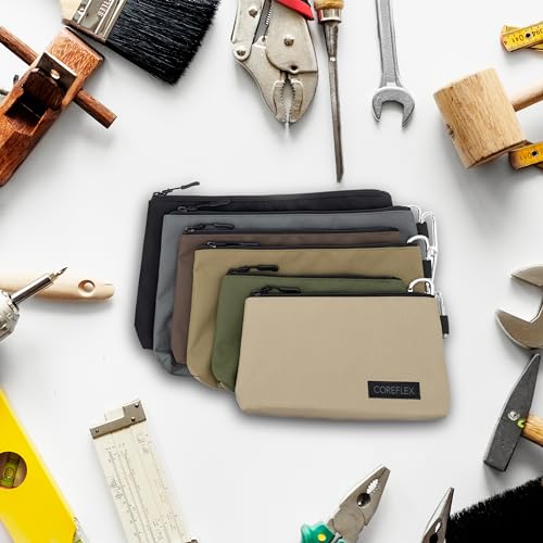 COREFLEX Premium Tool Pouch Zipper Bag, Small Tool Bag, Multipurpose Storage pouch, Heavy duty Flat Bottom Tool bag with YKK Zipper (6 pack Combo mixed size) - size: 6 Pack Combo Mixed Size Khaki