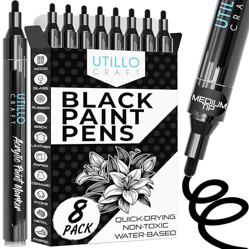 Utillo Craft Black Paint Pen (8-Pack) Medium Black Paint Markers for Metal, Fabric, Wood, Glass, Paper, Plastic, Rock, Leather | Bold Color Permanent Acrylic Paint Pen 2-3mm | Artist DIY Gift - color: Black, style: Medium 8PK