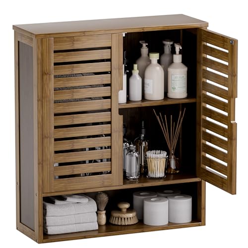 SMIBUY Bathroom Cabinet Wall Mounted, Bamboo Over-The-Toilet Storage Organizer, Space Saver Medicine Cabinet with 2 Door and Adjustable Shelves (Walnut) - color: Walnut