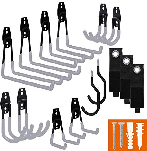 SMARTOLOGY Garage Hooks with Bike Hook & Extension Cord Organizer, 15 Pack Set Steel Multi-Tool Hanger, Heavy Duty Utility Storage Holder for Home & Warehouse Lawn Garden Tool Organizer - color: Gray 12 Pack