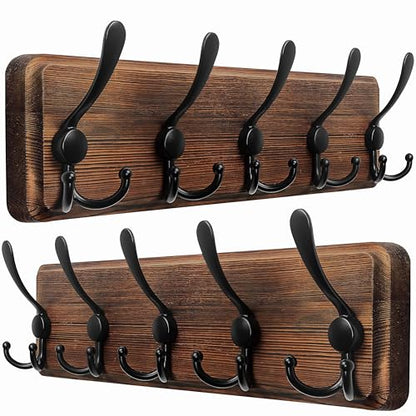 Dseap Coat Rack Wall Mounted - 5 Tri Hooks, Heavy Duty, Wooden Wall Coat Hanger Coat Hook for Clothes Hat Jacket Clothing, Natural & Black, 2 Packs - color: Natural & Black, size: L=17.4"