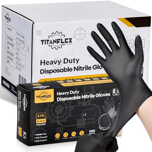 TitanFlex Heavy Duty Black Nitrile Gloves, 6 Mil, Fully Textured, Mechanic Disposable Gloves, Latex Free, Powder Free - color: 08 Black (L, 1000ct)