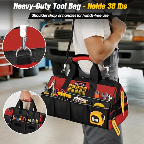 16-Inch Heavy Duty Tool Bag, 19-Pockets Tool Box Organizer, Portable Toolbag W/Soft Handle for Organized Storage, Mechanic Gifts for Men Dad Husband Fathers Day, Wide Mouth Electrician Toolbox, Red - style: Handle-Red
