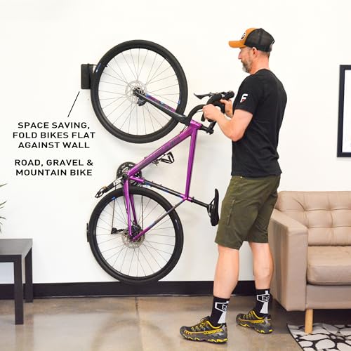 Feedback Sports | Velo Hinge 2.0 (Single) Pivoting Swivel Bike Wall Mount | Vertical Bicycle Hanger | Garage Fold Away Bike Hook | Road, Gravel, Mountain Bike Compatible