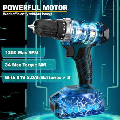 Tool Kit with 21V Cordless Drill - Sundpey 255-PCs Portable Complete General Basic Home and Auto Repair Tool Set with Drawer for Handyman & Diyer & Homeowner - Power Drill with 2 x 2.0Ah Batteries