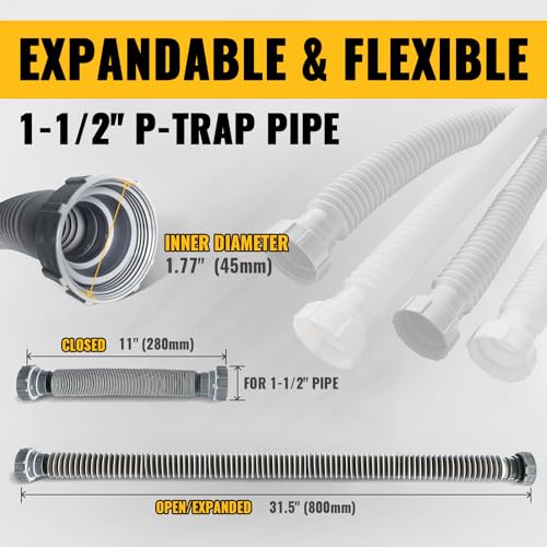 VIVIDA Sink Drain Pipe P Trap 1-1/2", Expandable Flexible Drain Pipe, 11"-31.5" Sink P Trap Kit for Kitchen, Bathroom, Restroom, 1-1/4" Adapter Included, Gray, 1 PACK - color: Gray, size: 11" to 31.5"