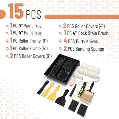 Bates- Paint Roller Kit, 15 pcs, 9" and 4" Roller Frames with Covers, 9" and 4" Plastic Paint Trays, Plastic Putty Knives, 4" Deck Stain Brush, Sanding Sponge, Wall Painting Supplies for Home Interior