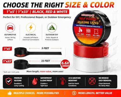 Self Fusing Silicone Tape Waterproof, Rescue Tape, 1" x 33 Feet, Self Amalgamating Tape, Silicone Rubber for Sealing Pipes, Hose Repair, Outdoor Coax and Electrical Cables - color: Black