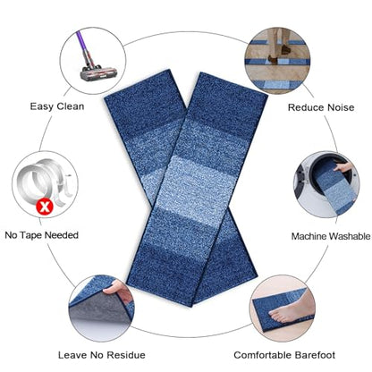 OLANLY Stair Treads Non Slip 15PCS, 8" x 30" Indoor Stair Runners for Wooden Steps, Edging Stair Rugs with Reusable Peel and Stick Adhesive for Kids Elders and Pets, Navy - color: Navy