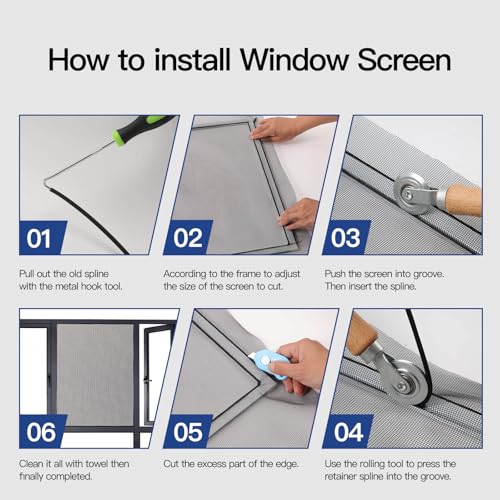 Window Screen Door Repair Kit Include Window Screens Mesh 48"x114" with All Tools in Window Screen Replacement(Screen Rollers, Splines, Hook), Yolovit - size: 48"x114"