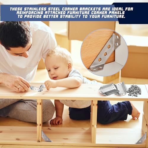 Yaocom 50 Pcs Universal Stainless Steel Furniture Corner Connectors with Screws Heavy Duty Triangular Support Brackets for Wood Furniture, Drawers, Cabinets, Tables, and Chairs