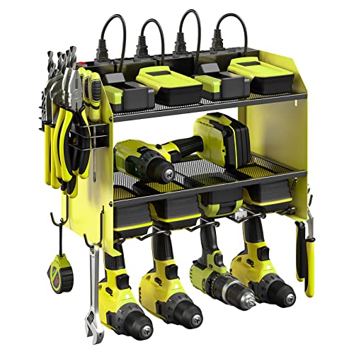 CCCEI Modular Power Tool Organizer Wall Mount with Charging Station. Garage Drill Storage Shelf with Hooks, Heavy Duty Rack, Tool Battery Holder Built in 8 Outlet. Gift for Men. Green, 1 Pack. - color: D_Green