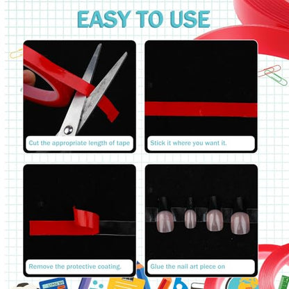 2 Rolls Nail Art Tape, 98FT Double Sided Tape Nails, Waterproof Removable Traceless Clear Mounting Tape, Press on Nail Supplies for Nail Tips Colors Designs Showcase