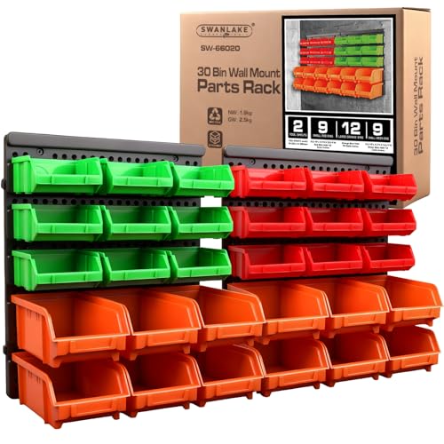 SWANLAKE GARDEN TOOLS 30-Bin Wall-Mounted Storage Bins, Heavy-Duty Garage Tool Organizer for Screws, Nuts, Bolts, Nails, Small Hardware Parts - Easy Installation and Customizable - style: 30-Piece Multi-Color