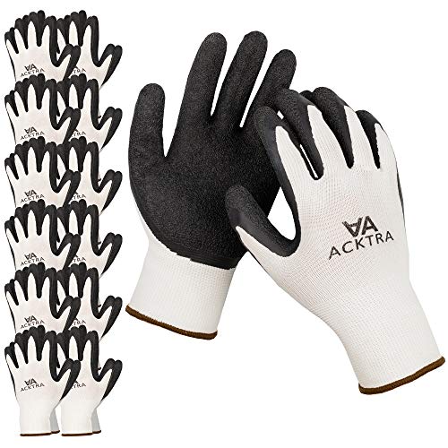 ACKTRA Coated Nylon Safety WORK GLOVES 12 Pairs, Knit Wrist Cuff, Multipurpose, for Men & Women, WG008 White Polyester, Black Latex, Medium - color: White / Black, size: Medium (Pack of 12)