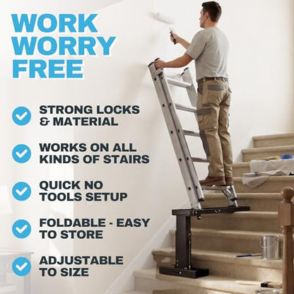 Foldable Ladder Leveler for Stairs, 11"–18.5" Adjustable Height, Carbon Steel Foldable Stabilizer, Fits Extension, Straight & Telescoping Ladders, Tool-Free Pin Lock, Non-Slip Rubber Base, 500lb Cap