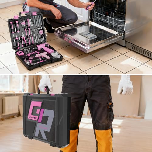 GRENPRO Pink Tool Set Drill Set, 188PCS Tool Kit For Home with Pink Cordless Drill Power, Hand Tool Kit for Women, Basic Household Auto Car Repair Tool Box for Men, Portable Storage Box Tools Sets - style: Pink Power Drill Set 188PC